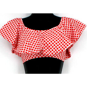 Swimsuit Red & White Print Ruffle Bandeau Top Only Size Medium
